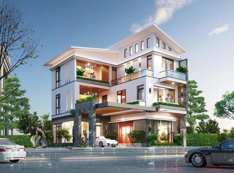 Thiết kế biệt thự đẹp 3 tầng chữ L có gara