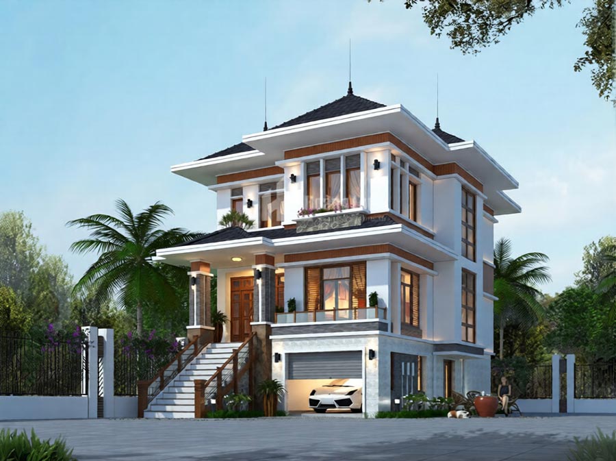 Thiết kế biệt thự đẹp 3 tầng chữ L có gara