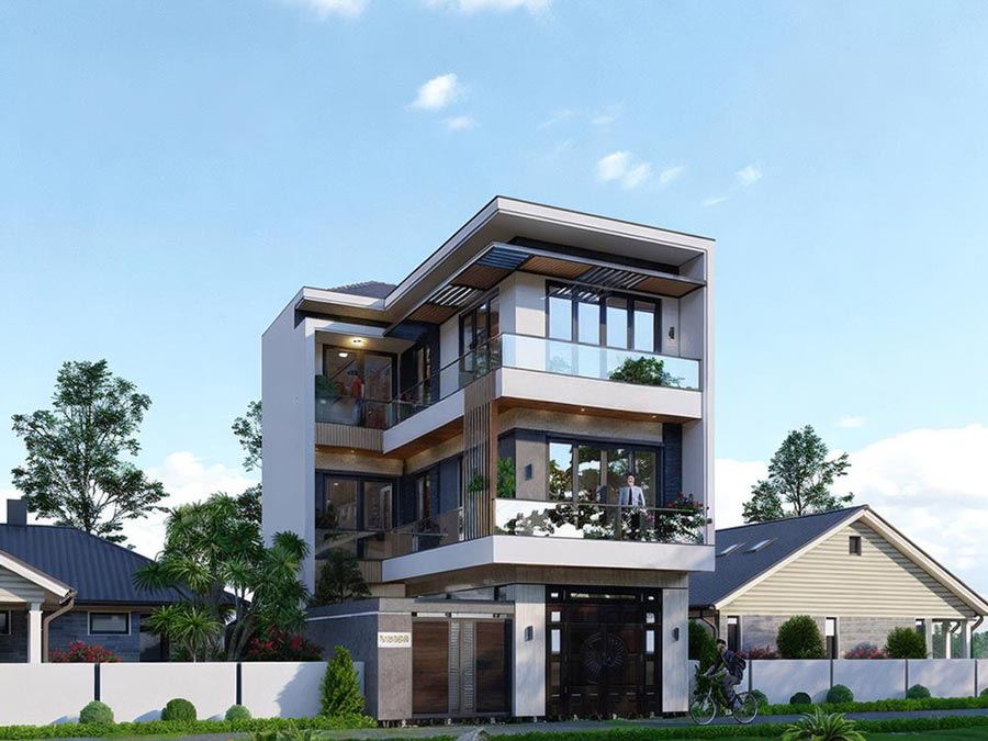 Mẫu biệt thự 3 tầng chữ L mái bằng