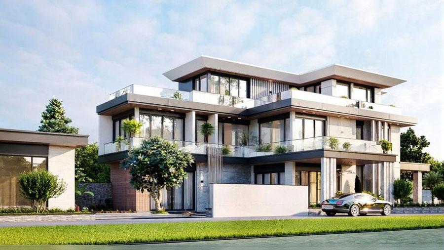 Mẫu biệt thự 3 tầng chữ L mái bằng