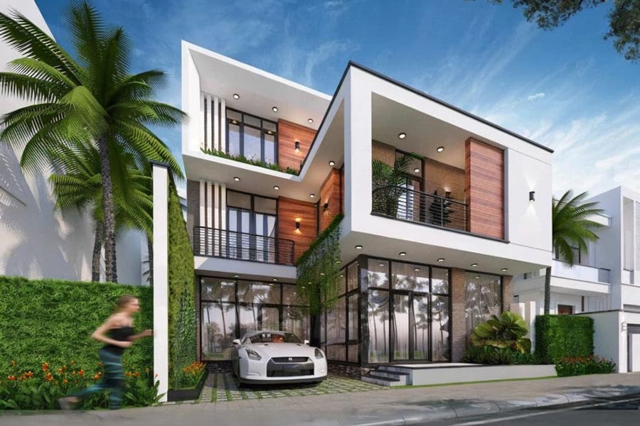 Mẫu biệt thự 3 tầng chữ L mái bằng
