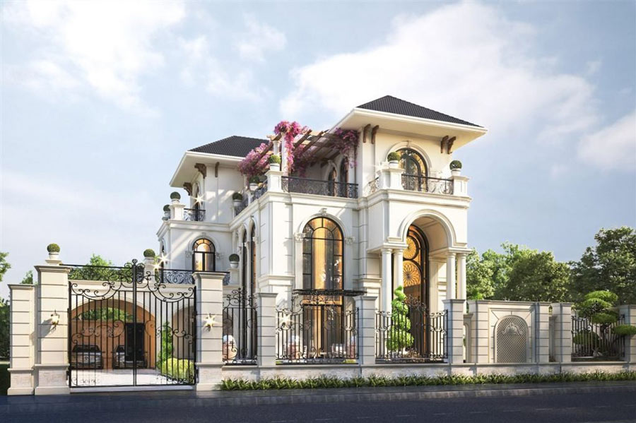 Mẫu thiết kế biệt thự 3 tầng chữ L mái nhật