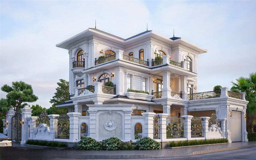 Mẫu thiết kế biệt thự 3 tầng chữ L mái nhật