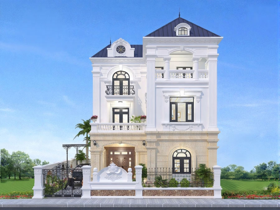 Mẫu thiết kế biệt thự 3 tầng chữ L mái nhật