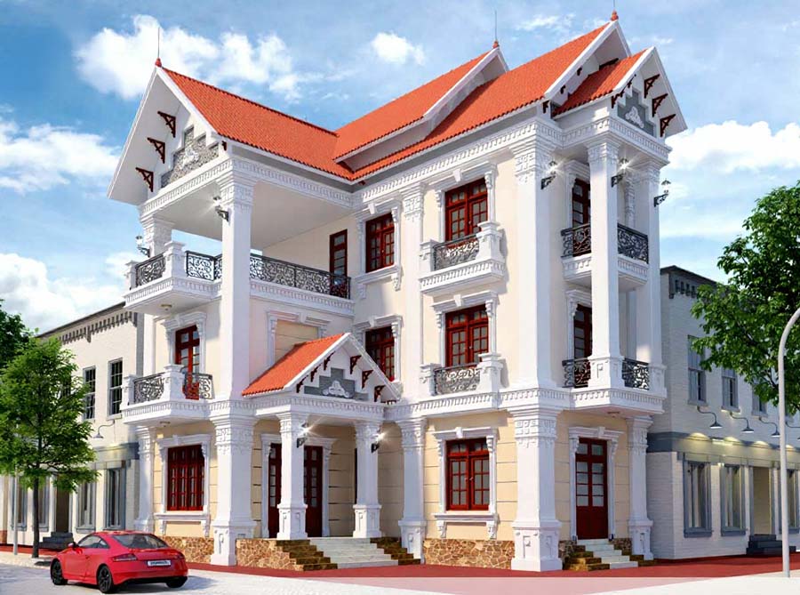 Mẫu biệt thự chữ L 3 tầng mái Thái