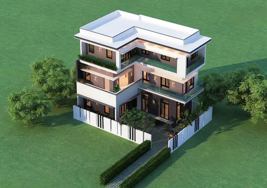 Thiết kế biệt thự 3 tầng chữ L đẹp ở nông thôn