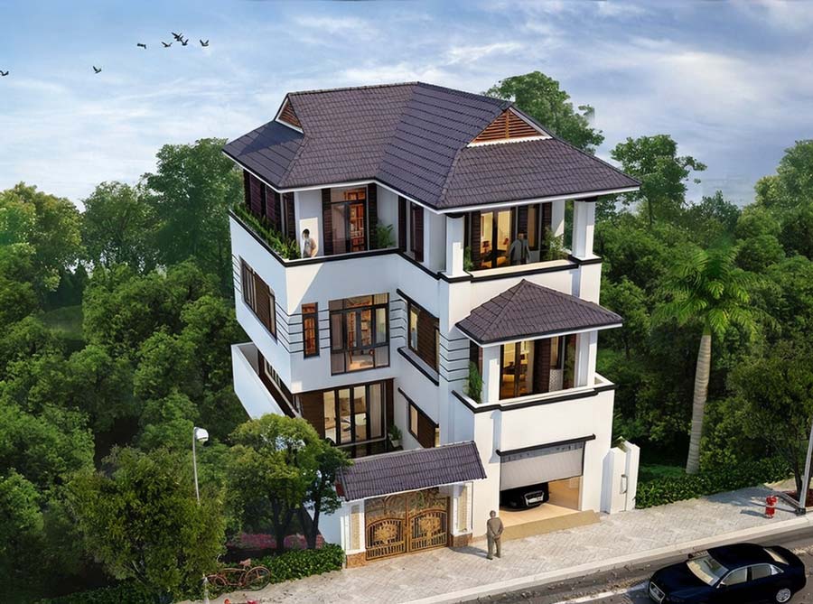 Thiết kế biệt thự 3 tầng chữ L đẹp ở nông thôn