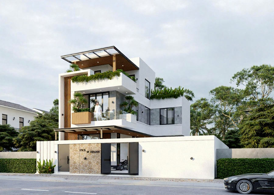 Mẫu nhà biệt thự 3 tầng chữ L thiết kế tối giản