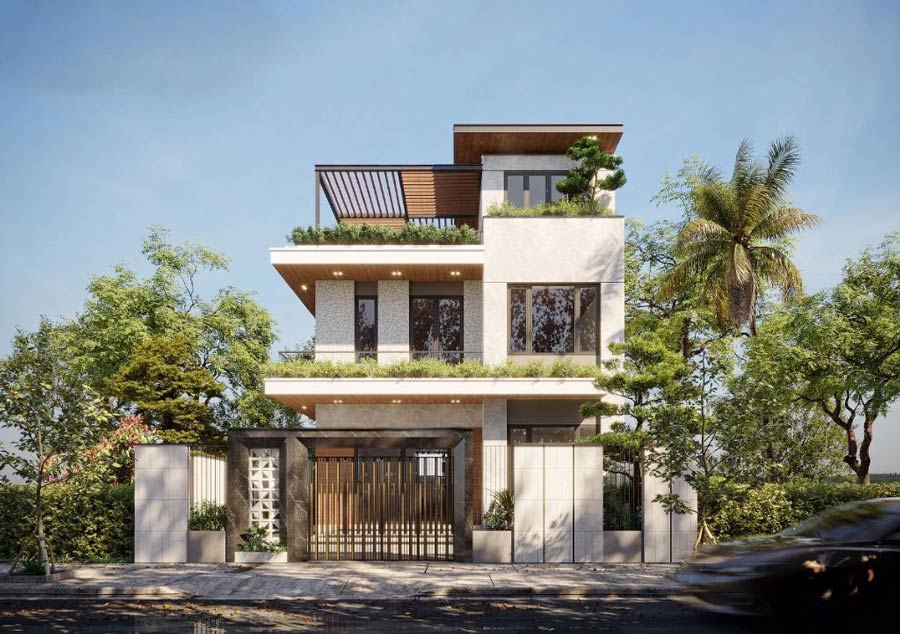 Mẫu nhà biệt thự 3 tầng chữ L thiết kế tối giản