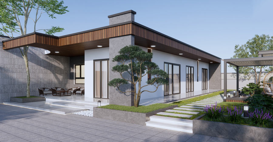 Nhà biệt thự 1 tầng mái bằng có sân vườn