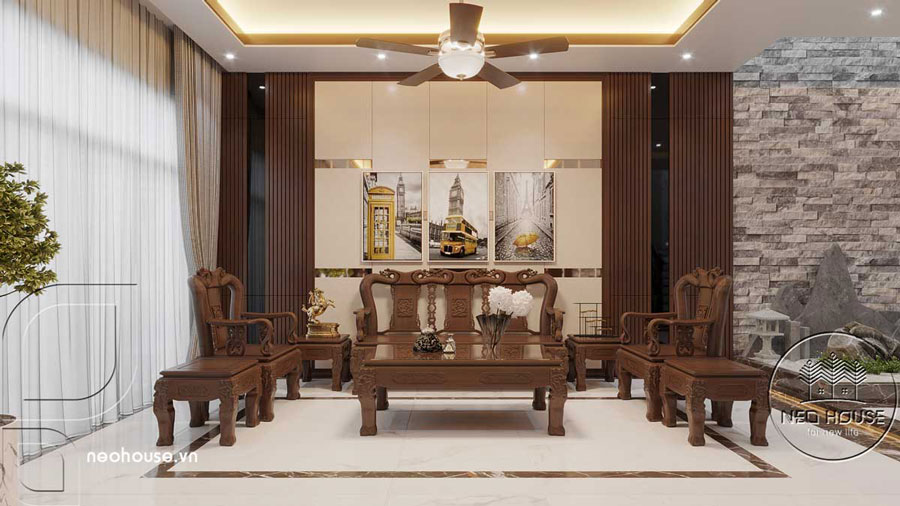 Nội thất biệt thự 3 tầng mái bằng mặt tiền 8m