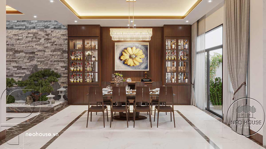 Nội thất biệt thự 3 tầng mái bằng mặt tiền 8m