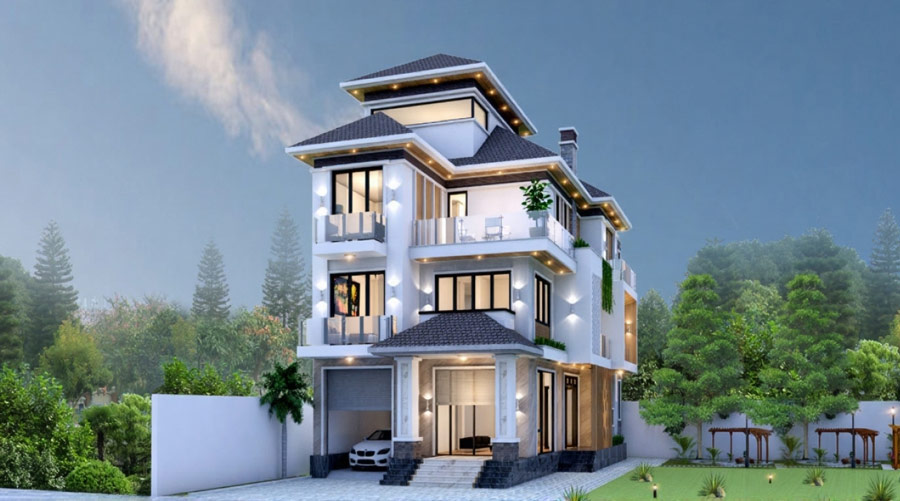 Mẫu biệt thự 3 tầng ở nông thôn có gara