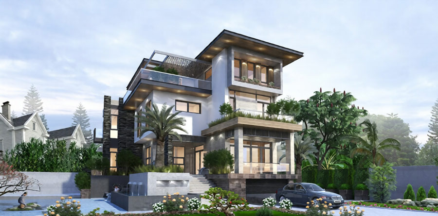 Mẫu biệt thự 3 tầng ở nông thôn có gara