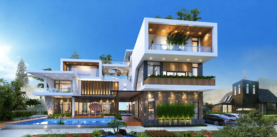 Thiết kế biệt thự đẹp 3 tầng ở nông thôn có sân vườn