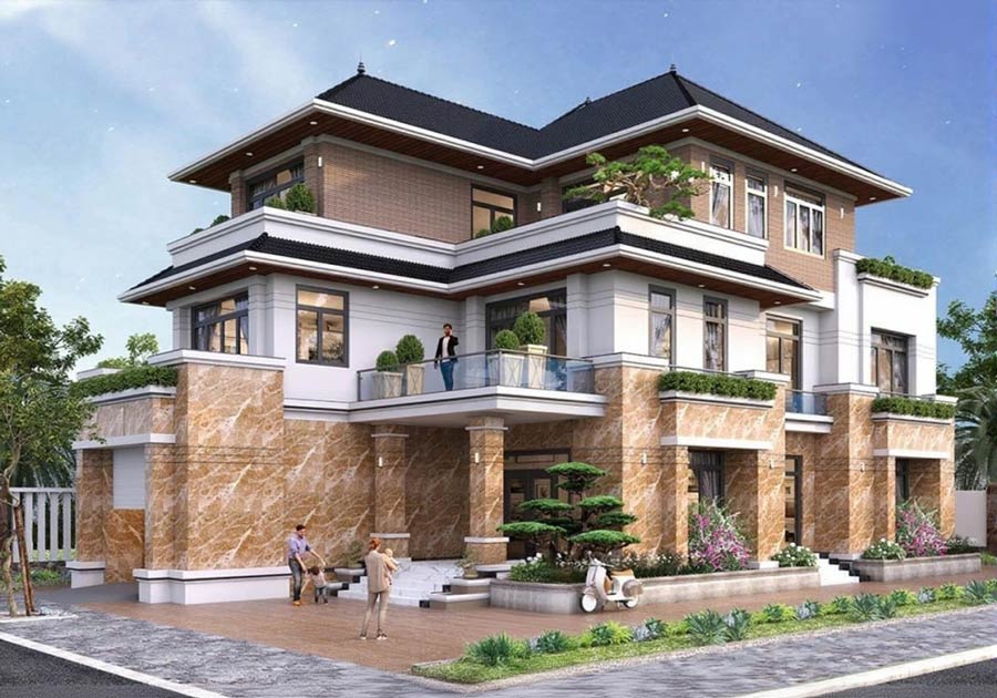 Thiết kế biệt thự đẹp 3 tầng ở nông thôn có sân vườn