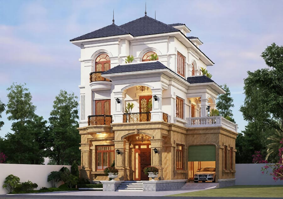 Mẫu thiết kế biệt thự 3 tầng ở nông thôn mái nhật