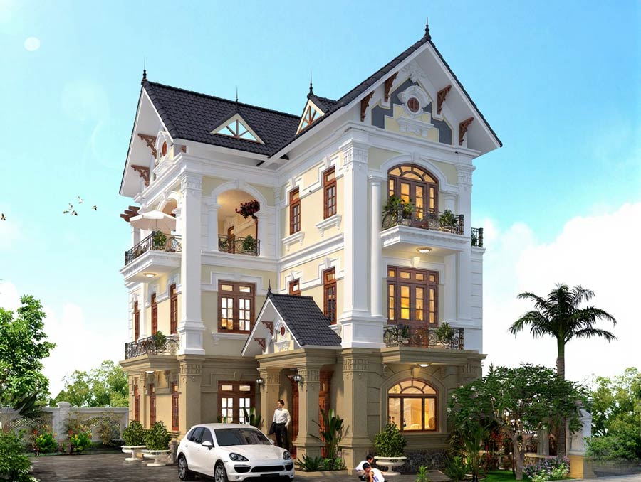 Mẫu biệt thự 3 tầng ở nông thôn mái thái