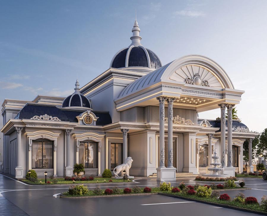 Thiết kế biệt thự lâu đài 2 tầng mái bằng kết hợp mái chóp