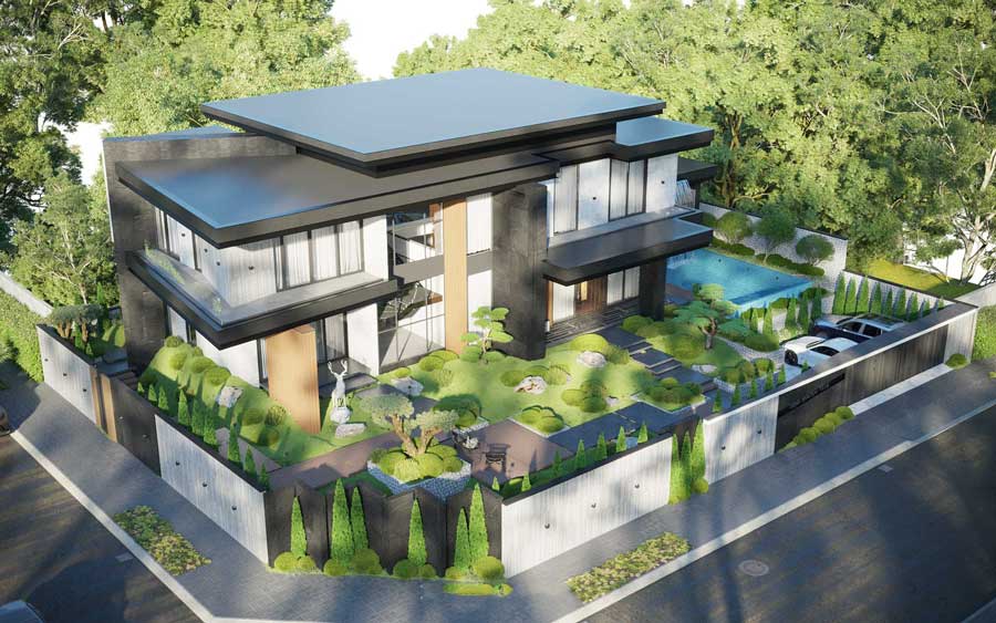 Thiết kế biệt thự 2 mặt tiền có hồ bơi sang trọng