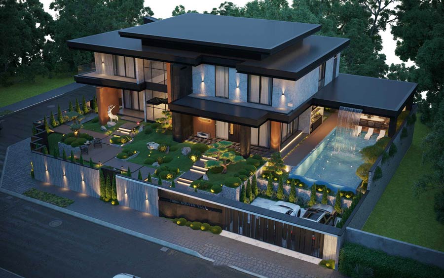 Thiết kế biệt thự 2 mặt tiền có hồ bơi sang trọng