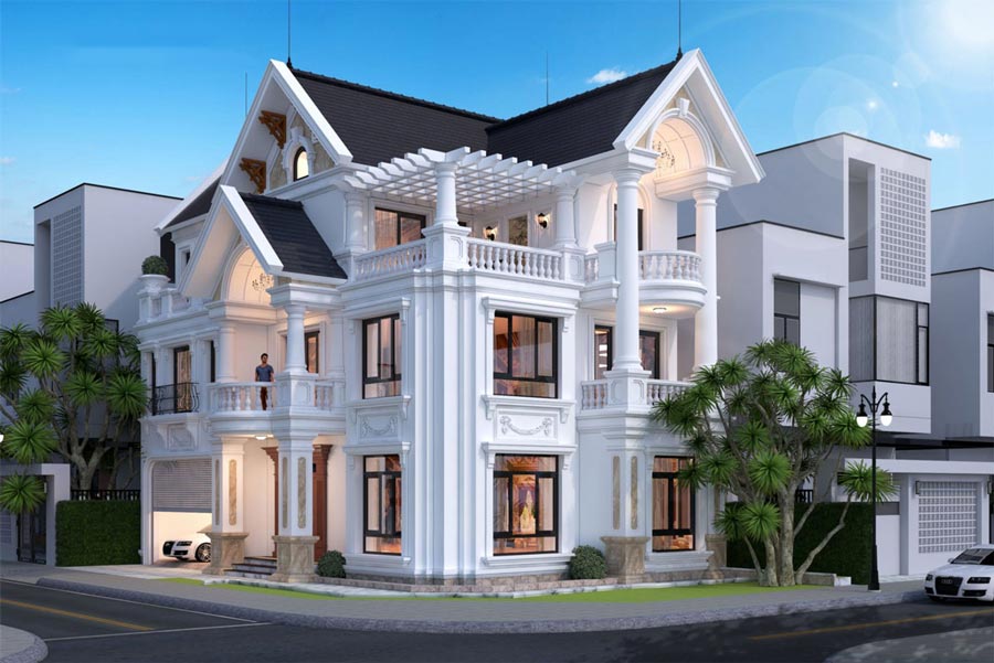 Xu hướng thiết kế biệt thự 2 mặt tiền chú trọng họa tiết, phào chỉ