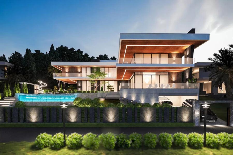 Biệt thự kính mặt tiền toàn cảnh