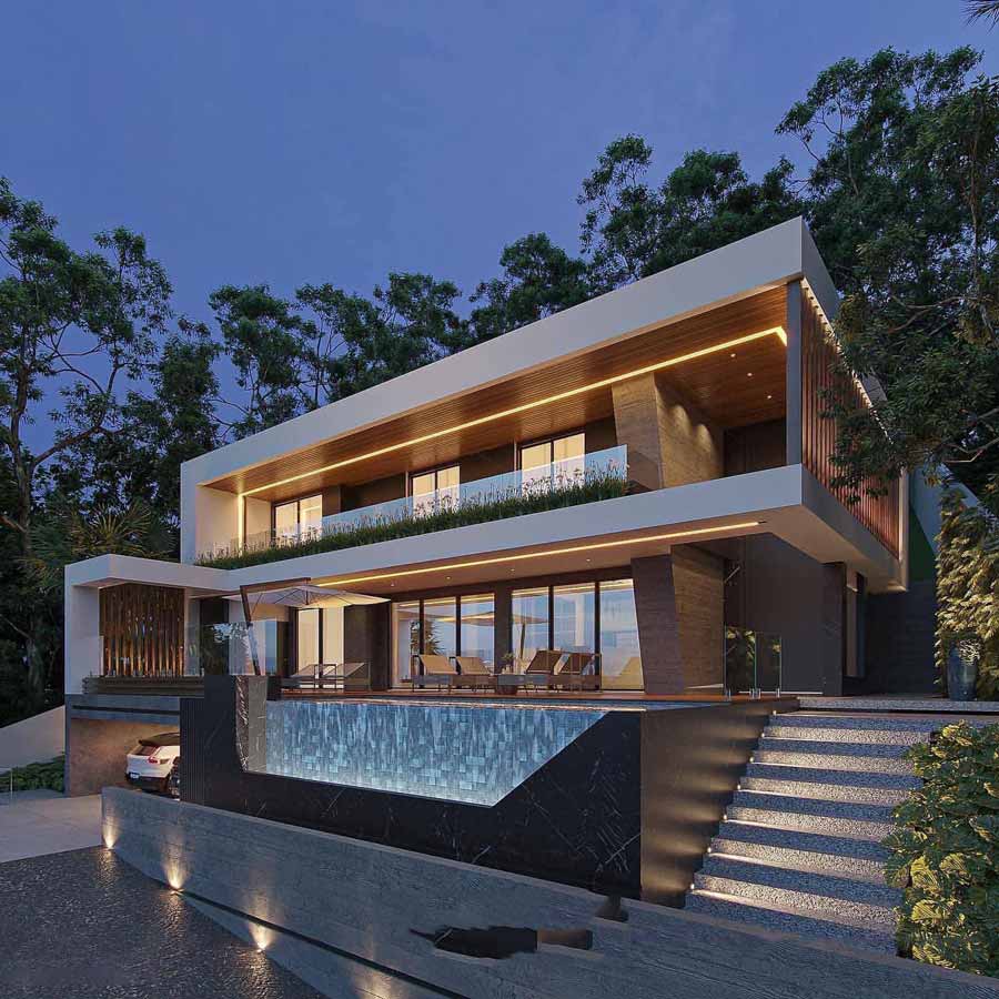 Biệt thự kính mặt tiền toàn cảnh