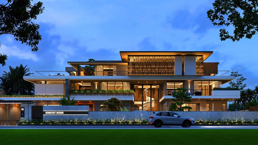 Biệt thự kính mặt tiền toàn cảnh