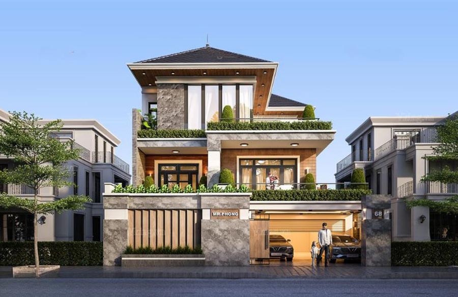 Mẫu thiết kế biệt thự gác lửng có gara tiện nghi
