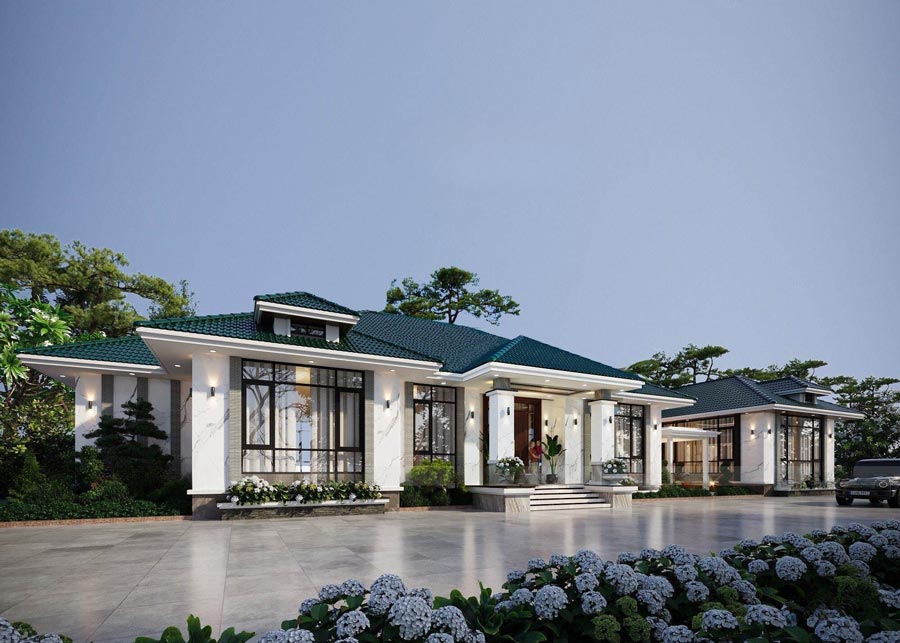 Mẫu thiết kế biệt thự màu kem 1 tầng sân vườn