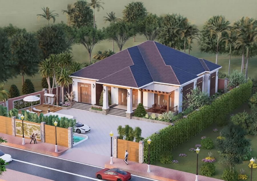 Mẫu thiết kế biệt thự màu kem 1 tầng sân vườn