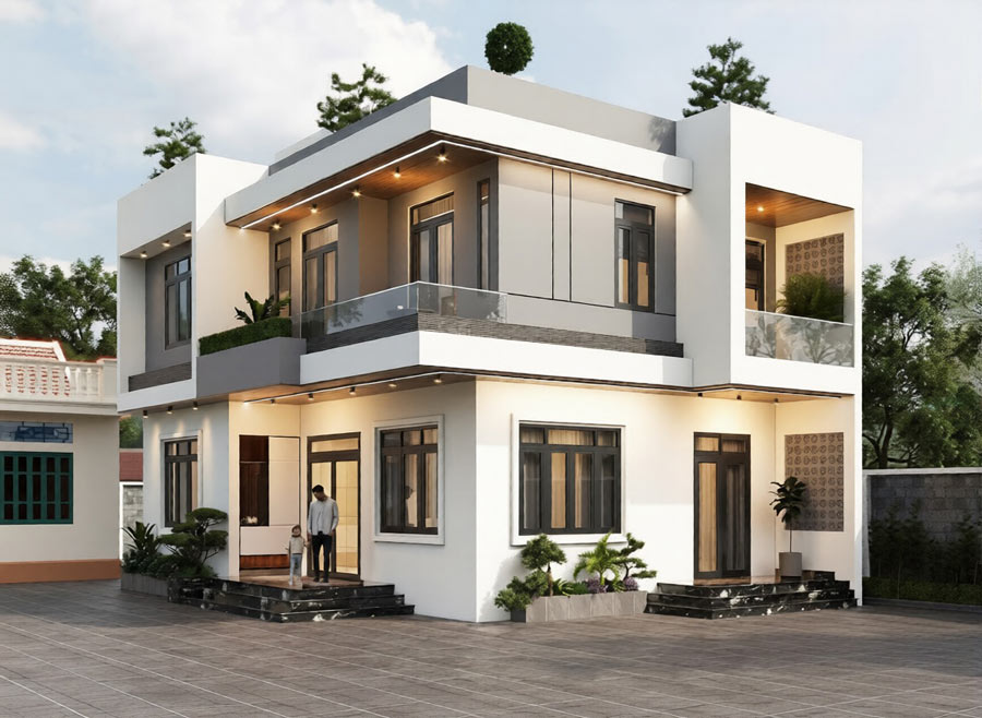Biệt thự màu kem 2 tầng hiện đại