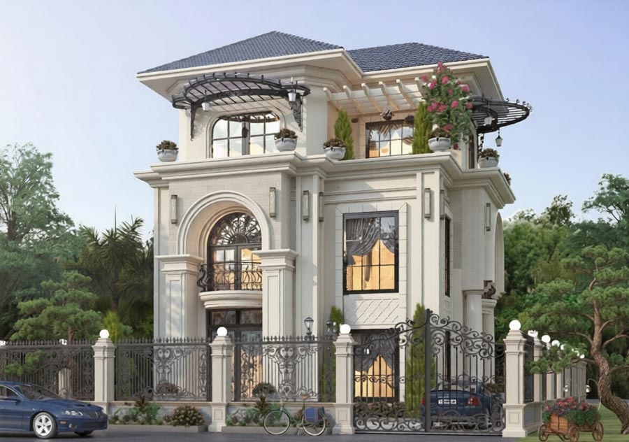 Mẫu biệt thự màu kem 3 tầng tân cổ điển