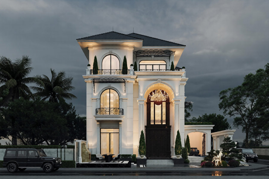 Mẫu biệt thự màu kem 3 tầng tân cổ điển