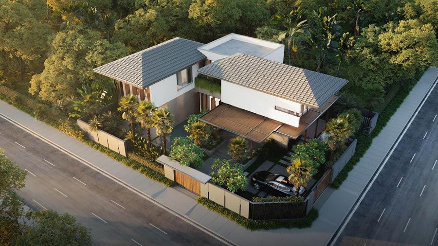 Mẫu nhà biệt thự chữ L màu kem