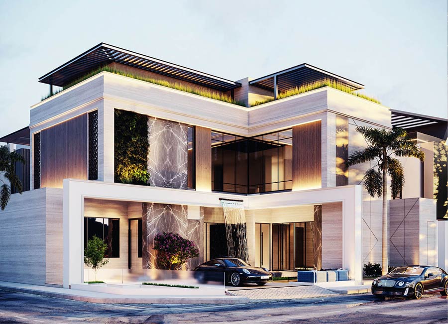 Mẫu nhà biệt thự chữ L màu kem