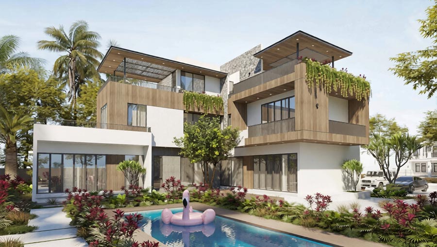 Biệt thự màu kem có hồ bơi