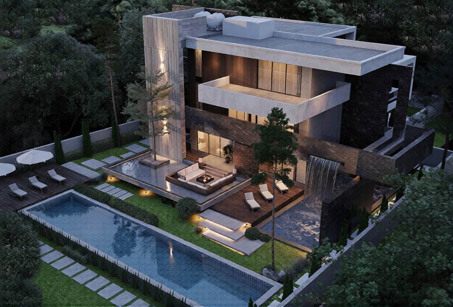 Biệt thự màu kem có hồ bơi