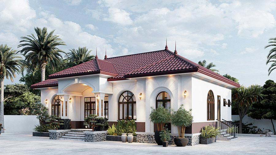 Mẫu biệt thự ngói đỏ 1 tầng phong cách hiện đại