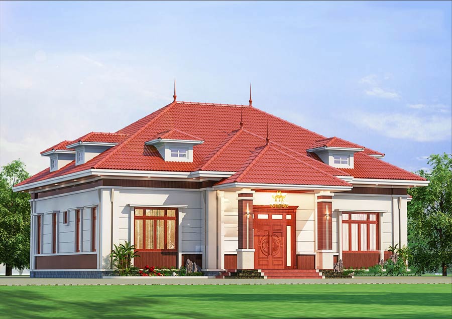 Mẫu biệt thự ngói đỏ 1 tầng phong cách hiện đại