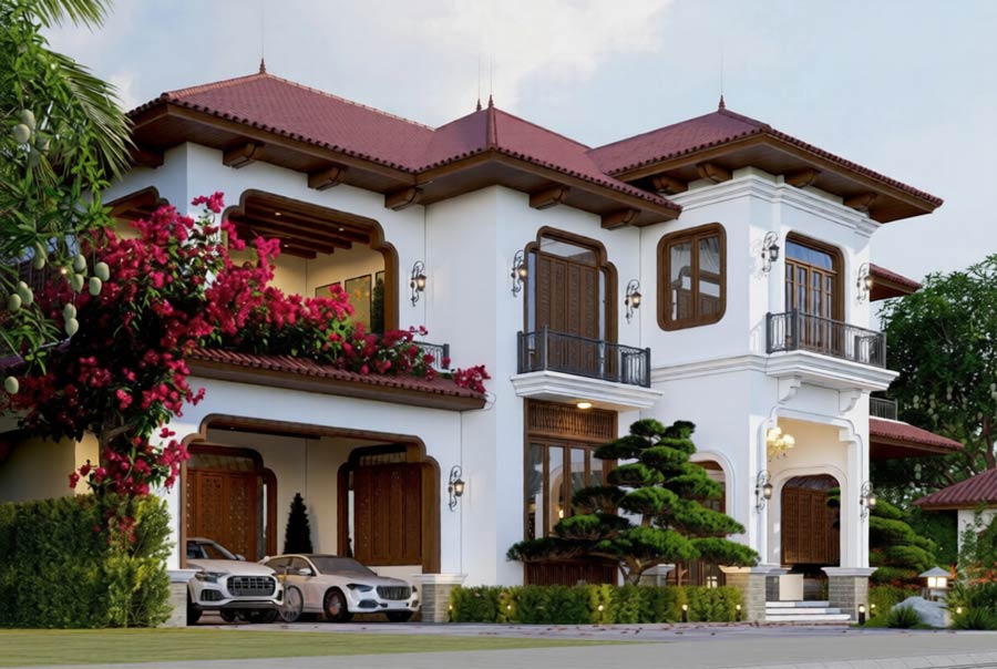 Biệt thự ngói đỏ kết hợp kiến trúc Indochine