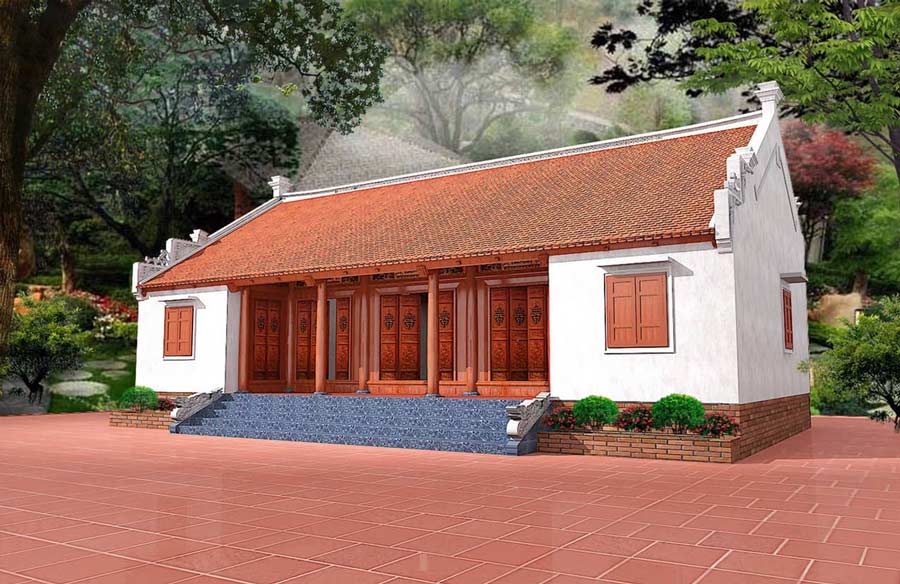 Thiết kế biệt thự ngói đỏ kiểu truyền thống nhà ba gian