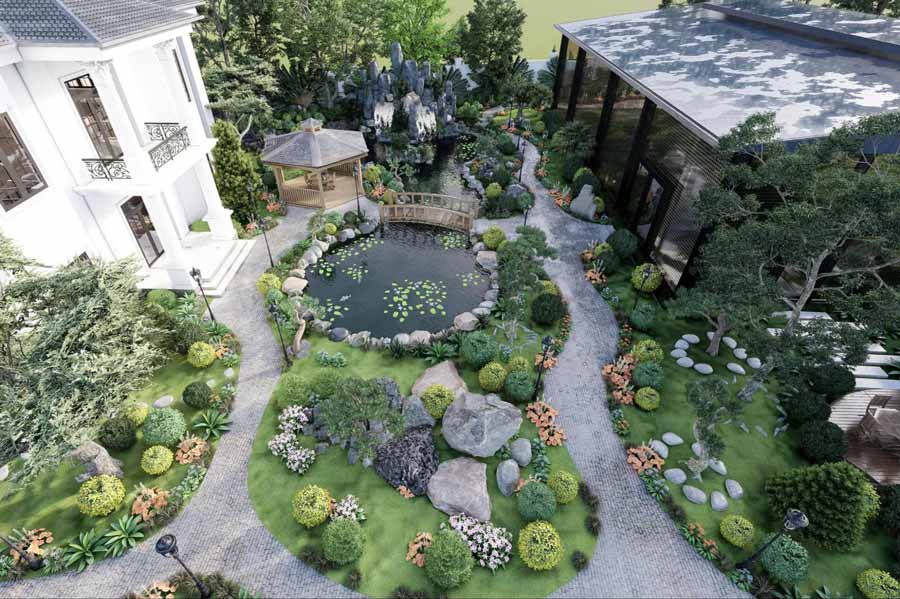 Mẫu biệt thự nhà vườn 2000m2 có hồ cá – hòn non bộ hữu tình