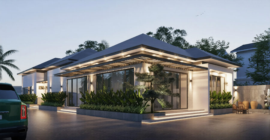 Mẫu thiết kế biệt thự màu kem 1 tầng sân vườn