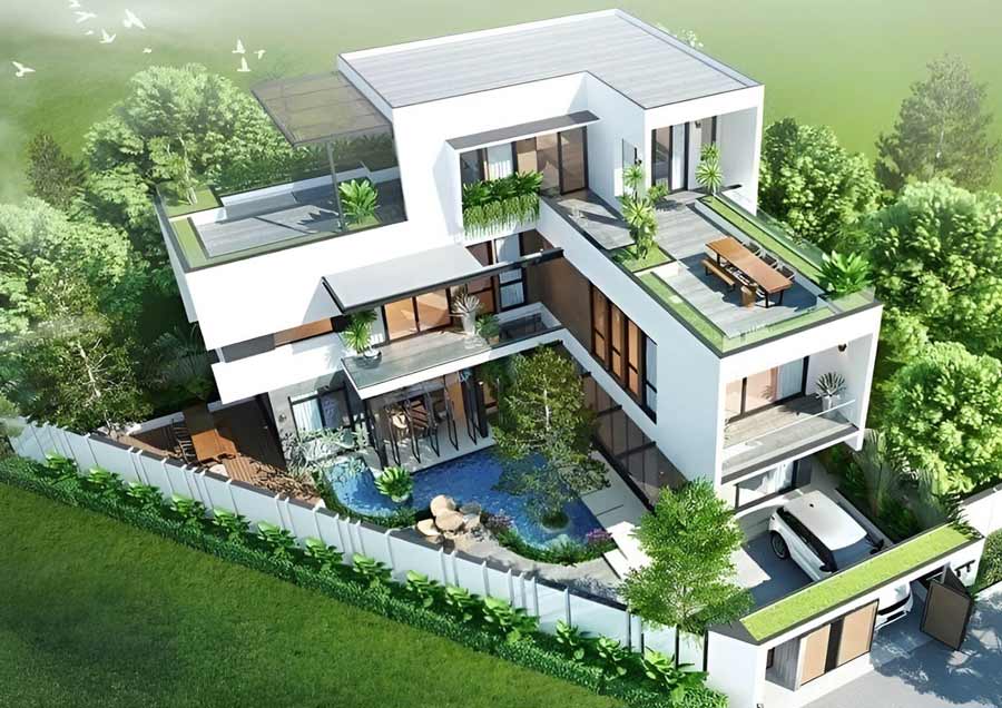 Mẫu thiết kế biệt thự xanh hình chữ L