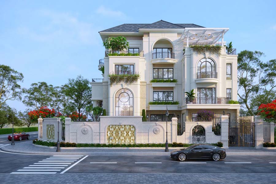 Mẫu biệt thự xanh mái dốc kết hợp giếng trời