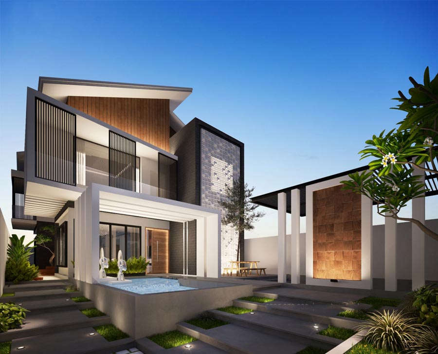 Mẫu biệt thự xanh mái dốc kết hợp giếng trời