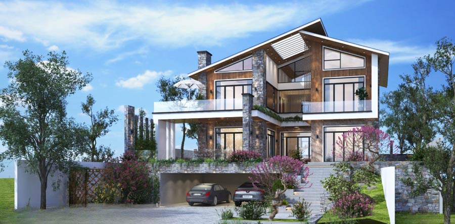 Mẫu biệt thự xanh mái dốc kết hợp giếng trời