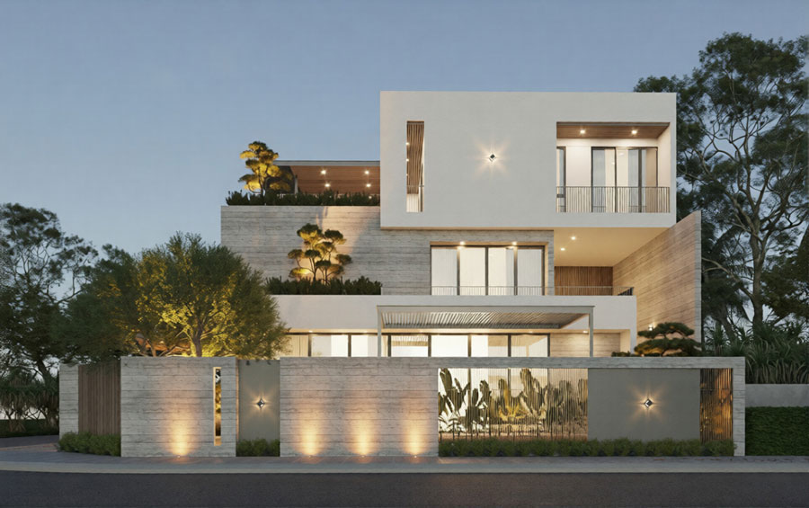 Ánh sáng mặt tiền tạo chiều sâu thẩm mỹ